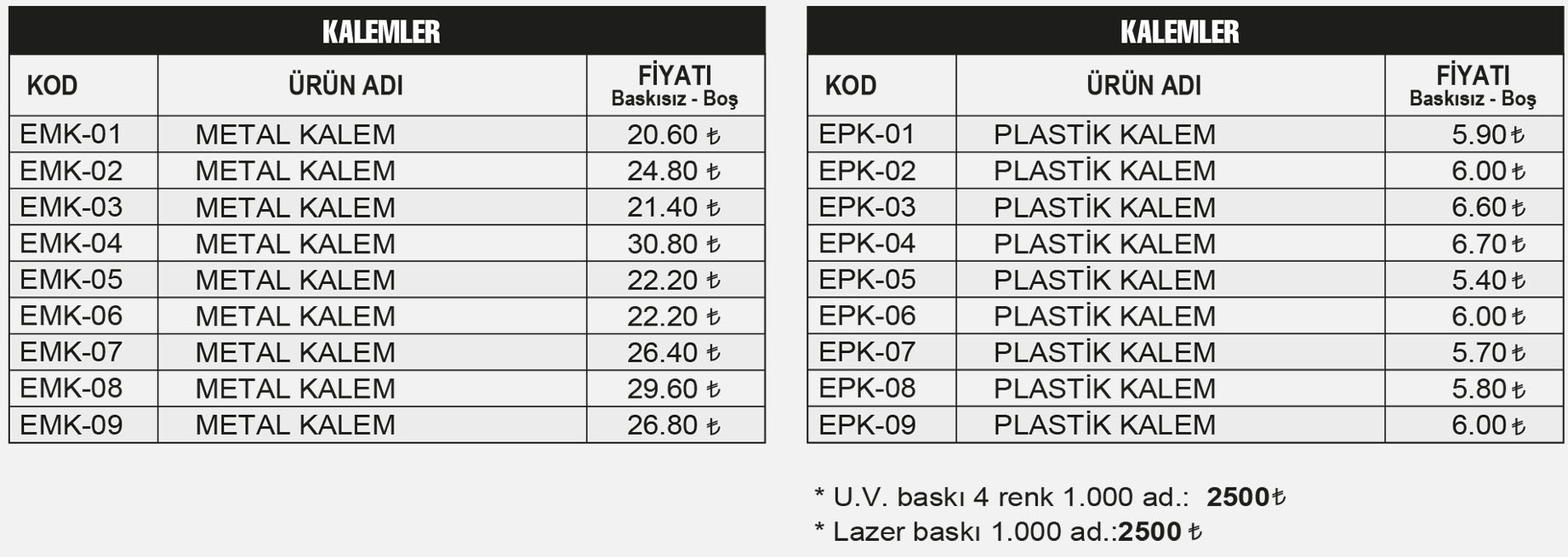 fiyat listesi